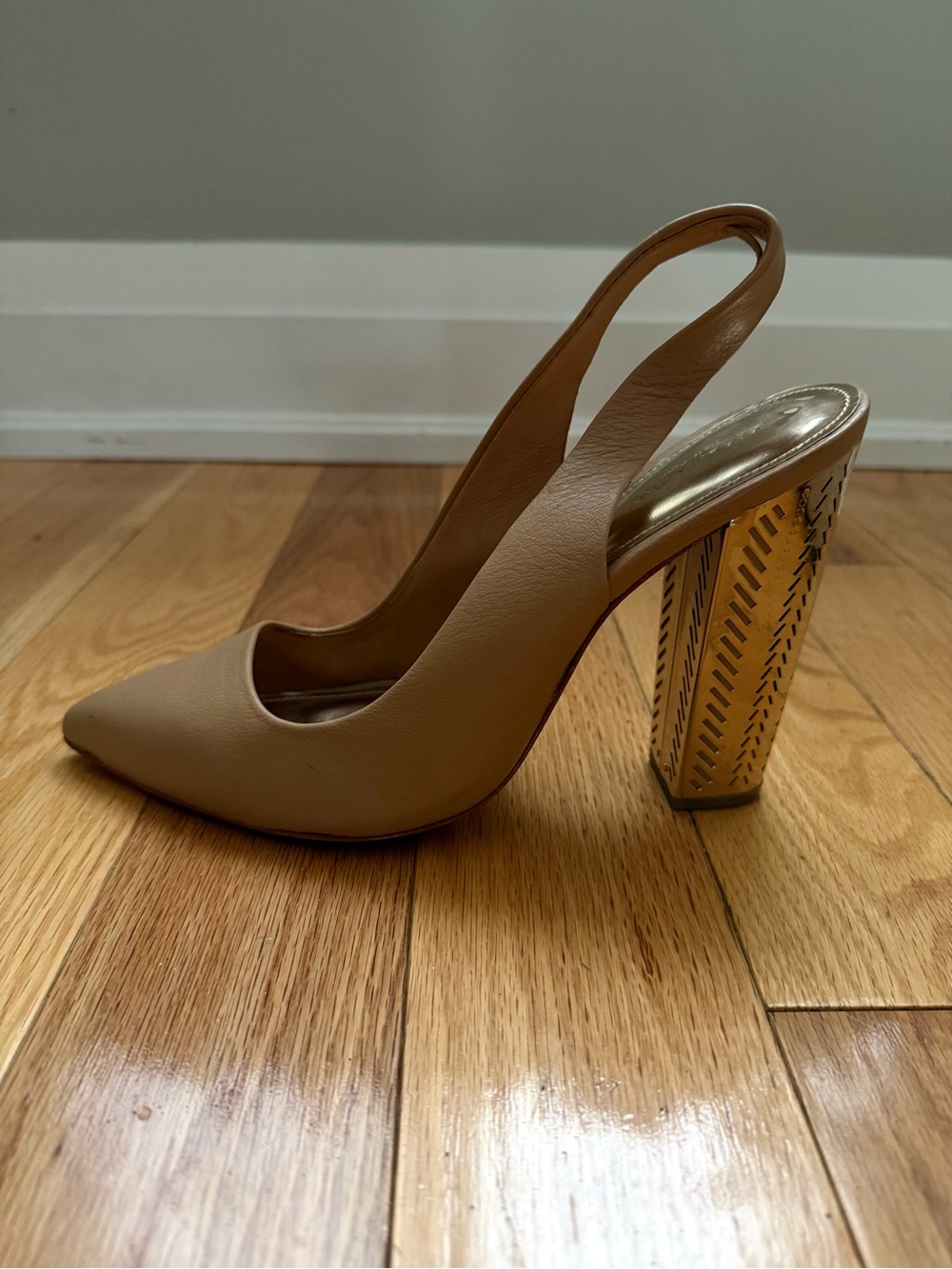 Coach - Slingback Pointed-Toe Pump in Tan with Decorative Gold Heel